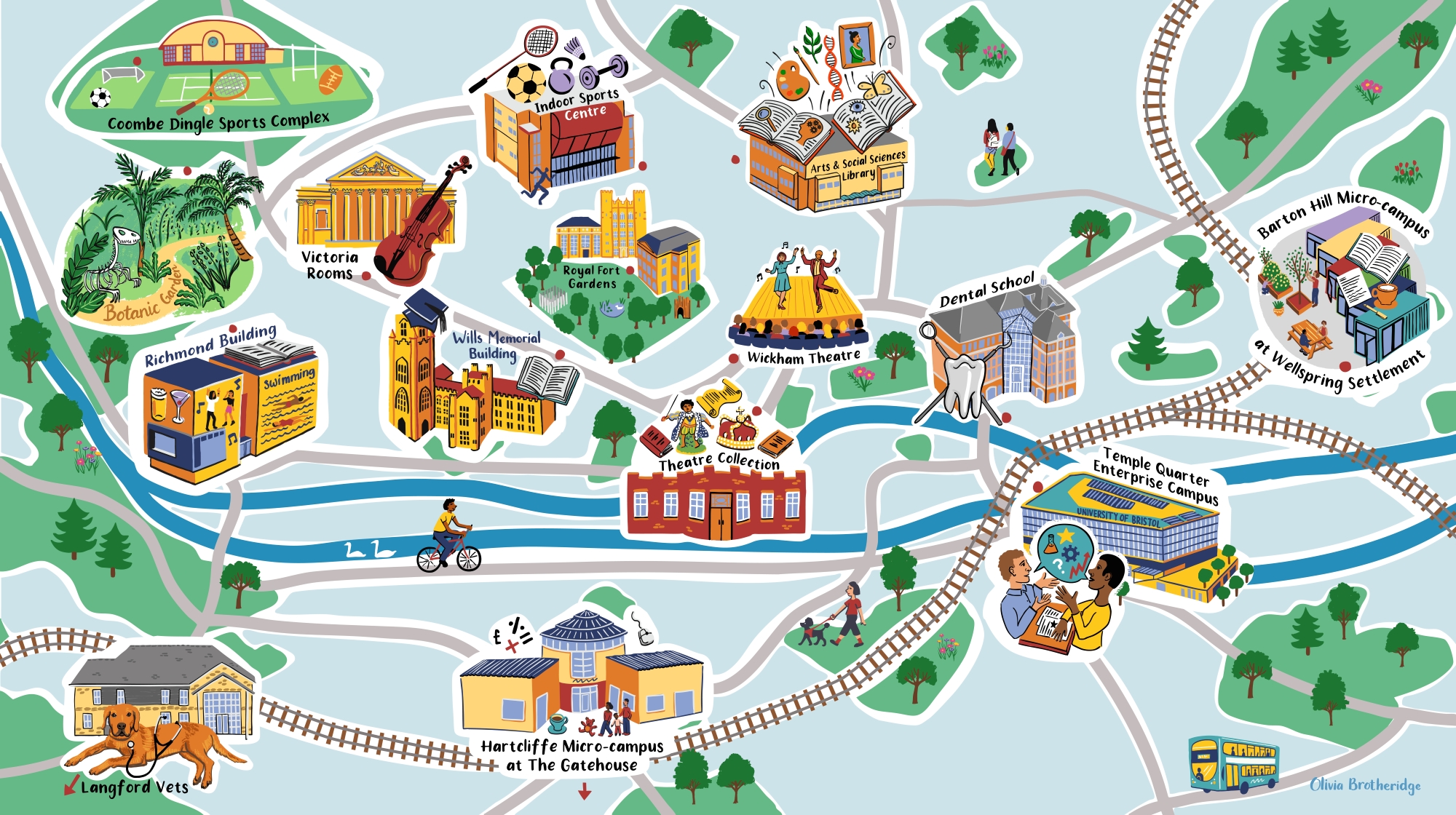 An illustration of the University of Bristol's spaces and buildings that people can visit and/or use facilities within